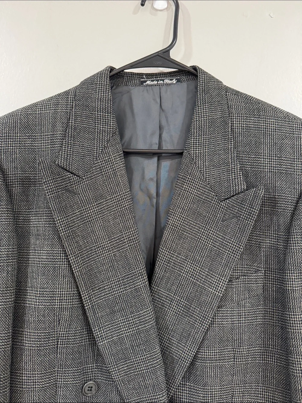 Saks Fifth Ave Men's Double-Breasted Glen Plaid pure virgin wool Blazer Gray
